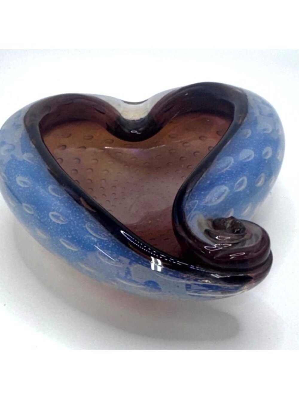Murano-Style Blue Brown Glass Heart Shaped Decorative Bowl 7" Sommerso Swirl MCM